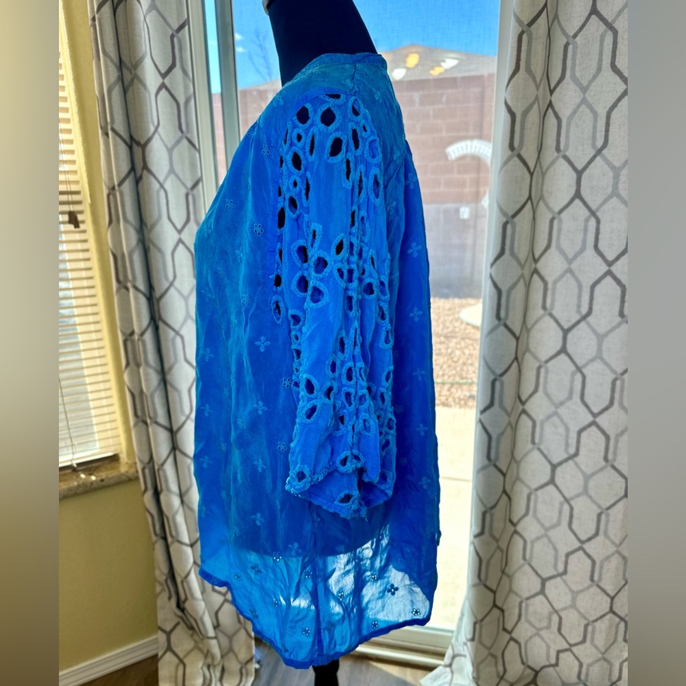 EUC Johnny Was Semi-Sheer Cerulean Blue Floral Embroidered Blouse - Picture 7 of 13
